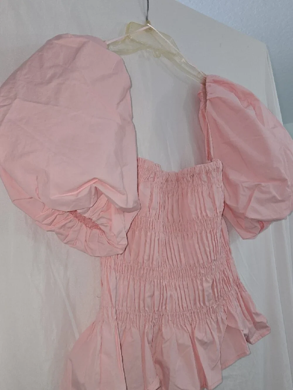 Astr Pink Smocked Peplum Puff-Sleeve Blouse